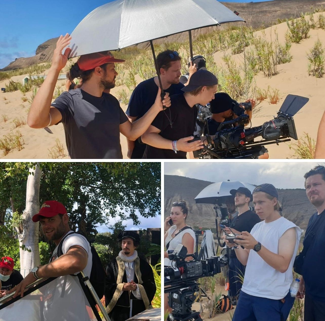 Local gaffer carrying equipment, actor in costume for ZDF Columbus documentary, and crew on Porto Santo Beach — Madeira fixer Elsa Gouveia sourcing local talent and crew for film and TV productions