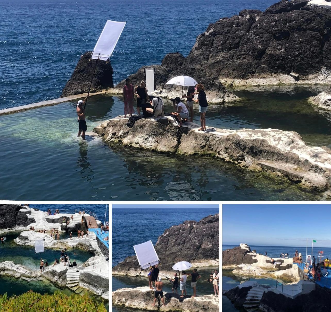 Film crew shooting at Madeira black rock pools — permits and production authorizations handled by fixer Elsa Gouveia for smooth and legal filming