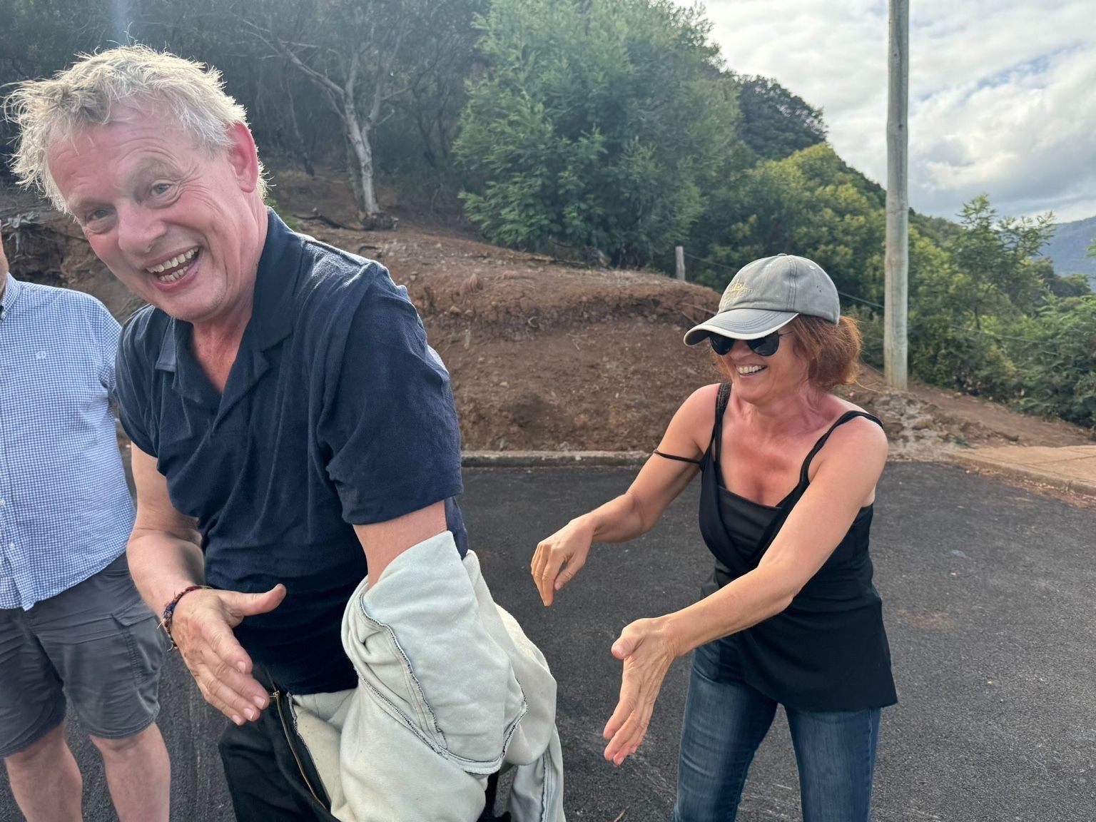 Elsa Gouveia assisting actor Martin Clunes on a Madeira production set — line producer and fixer support for film and TV shoots