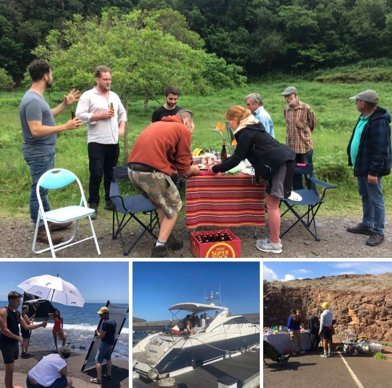 Film and TV production logistics in Madeira — crafty tables in forest for Alligatoah music video, camera and lighting equipment at Praia Formosa for Peter Hahn photoshoot, yacht transport to Desertas Islands for ZDF Terra X documentary, and catering setups in São Lourenço — support by fixer Elsa Gouveia
