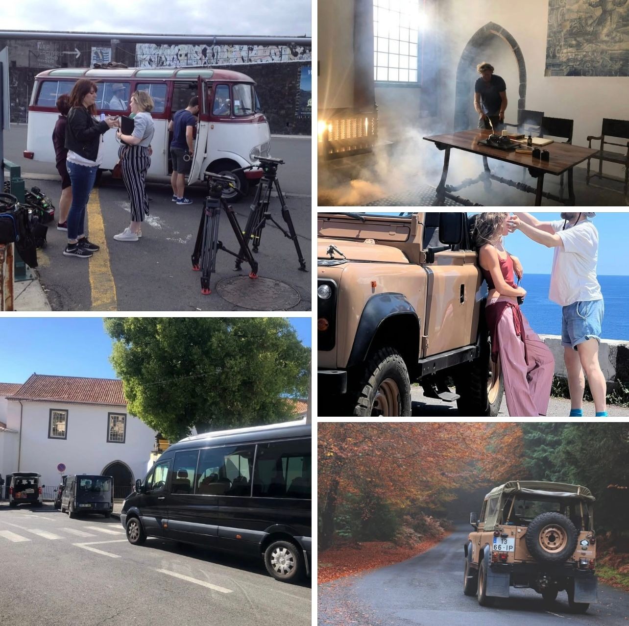 Film and TV production support in Madeira — transport and transfer vans outside Funchal location for ZDF production, classic Land Rover for Raw Productions photoshoot in Ribeira da Janela, 60s van for Travel Man 48 Hours in Madeira, and chairs, tables, and 15th-century museum props for Christopher Columbus documentary — support by fixer Elsa Gouveia